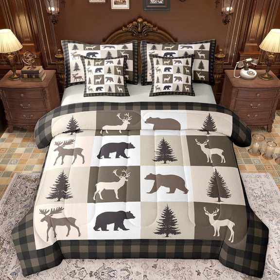 Feelyou Farmhouse Lodge Cabin Bedding Comforter Set 7pcs, Jungle Bear Deer Animal King Bedding Sets, Western Countryside Reversible Bed Sheets, Wheat Brown Lightweight Room Decor