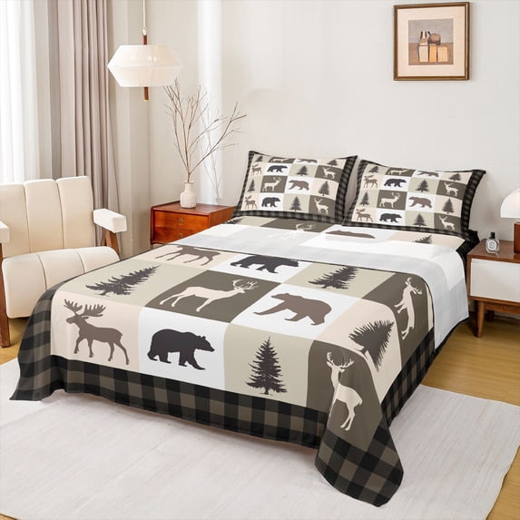 Feelyou Farmhouse Lodge Cabin Twin Sheet Sets, Jungle Bear Deer Animal Twin Fitted Sheet, Western Countryside Flat Sheet, Wheat Brown Lightweight Room Decor, 3 Pieces