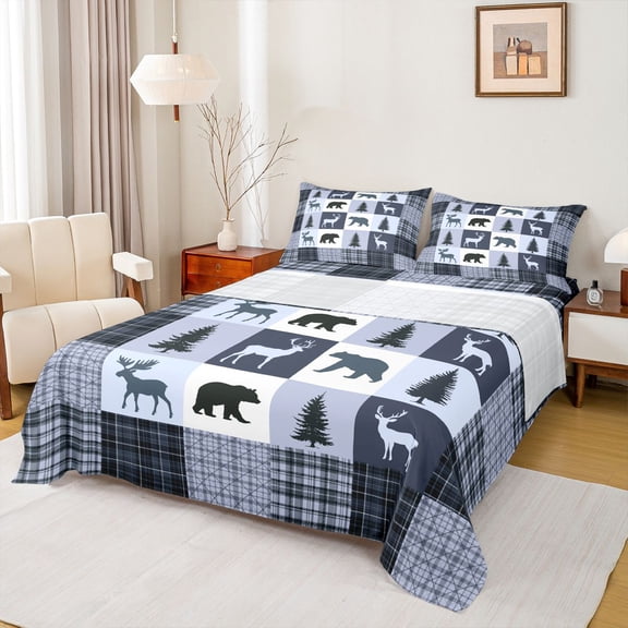 Feelyou Farmhouse Moose Bear Bed Sheets, Retro Blue Stripes Buffalo King Sheets, Rustic Tree Botanical Sheet Set, Luxury Bedroom Decor, 4pcs