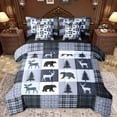 thumbnail image 1 of Feelyou Farmhouse Moose Bear Bedding Comforter Set 7pcs, Retro Blue Stripes Buffalo King Bedding Sets, Rustic Tree Botanical Reversible Bed Sheets, Luxury Bedroom Decor, 1 of 7
