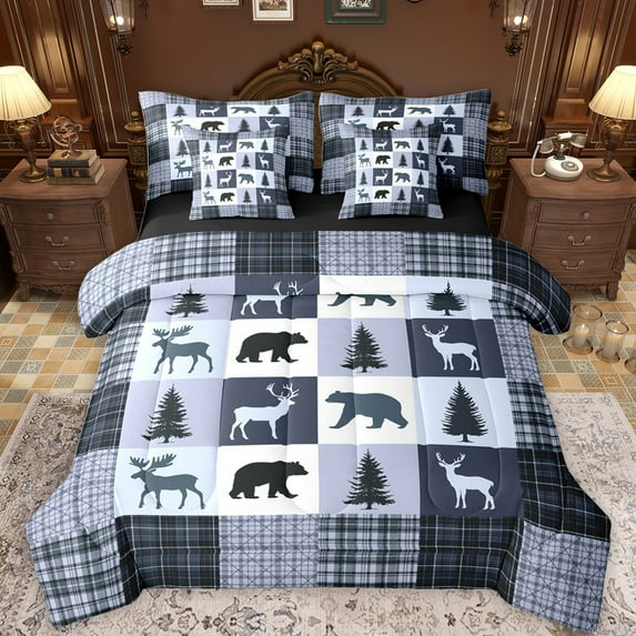 Feelyou Farmhouse Moose Bear Bedding Comforter Set 7pcs, Retro Blue Stripes Buffalo King Bedding Sets, Rustic Tree Botanical Reversible Bed Sheets, Luxury Bedroom Decor