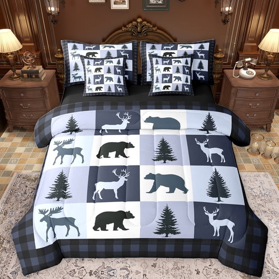 Feelyou Farmhouse Moose Bear Bedding Comforter Set 7pcs, Retro Navy Stripes Buffalo Queen Bedding Sets, Rustic Tree Botanical Reversible Queen Sheet Sets, Microfiber Bedroom Decor