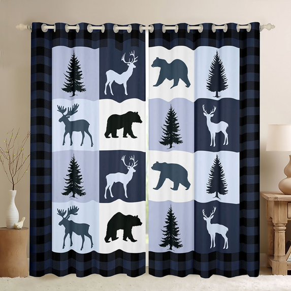 Feelyou Farmhouse Moose Bear Black Out Curtains, Retro Navy Stripes Buffalo Curtains Pack of 2 (42x63 Each), Rustic Tree Botanical Bedroom Curtains, Blackout Curtains Bedroom Decor