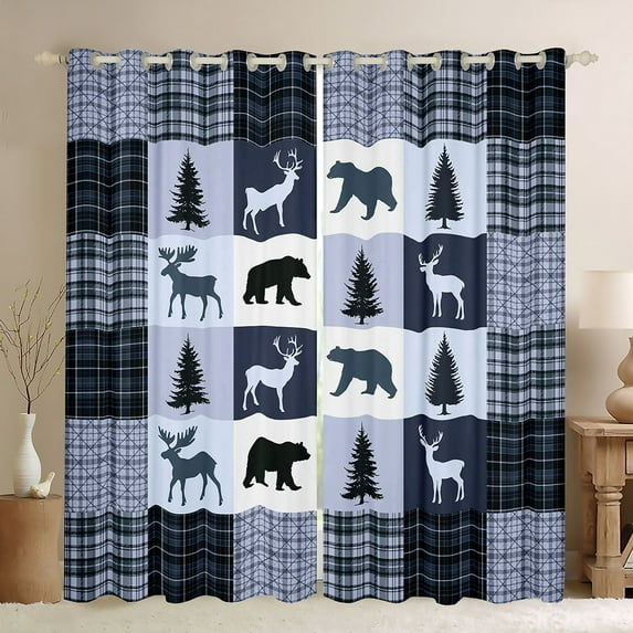 Feelyou Farmhouse Moose Bear Curtains Pack of 2 (42x84 Each), Retro Blue Stripes Buffalo Curtains Blackout, Rustic Tree Botanical Bedroom Curtains, Window Curtains Bedroom Decor