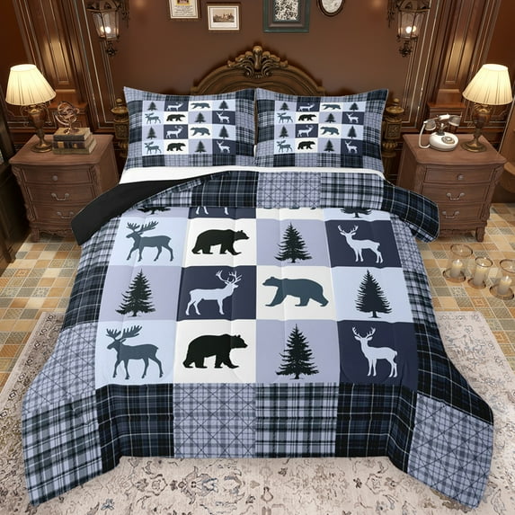 Feelyou Farmhouse Moose Bear Full Size Comforter Sets, Retro Blue Stripes Buffalo Bedding Comforter Set, Rustic Tree Botanical Reversible Bedding Sets, Luxury Bedroom Decor, 3pcs