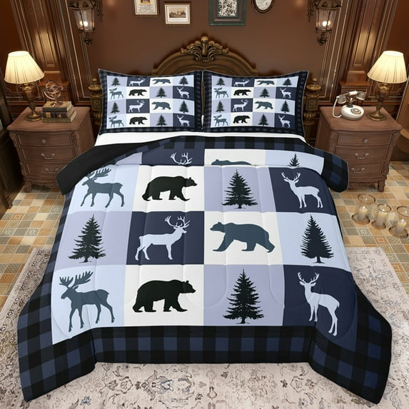 Feelyou Farmhouse Moose Bear Queen Comforter Set, Retro Navy Stripes Buffalo Bedding Sets, Rustic Tree Botanical Reversible Bedding Comforter Set, Microfiber Bedroom Decor, 3pcs
