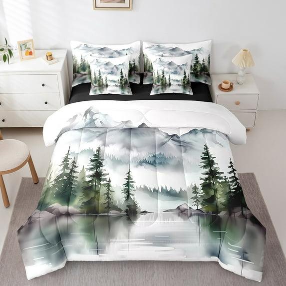 Feelyou Farmhouse Pine Tree Twin Bedding Sets 7-Piece, Rustic Nature Lake Bedding Comforter Set, Teen Child Kid Adult Reversible Sheet Sets, Luxury Bedroom Decor