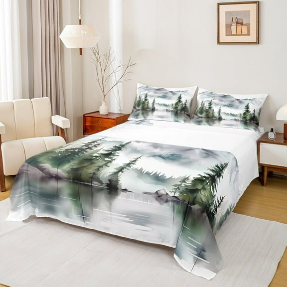 Feelyou Farmhouse Pine Tree Twin Sheet Sets, Rustic Nature Lake Twin Fitted Sheet, Teen Child Kid Adult Flat Sheet, Luxury Bedroom Decor, 3pcs