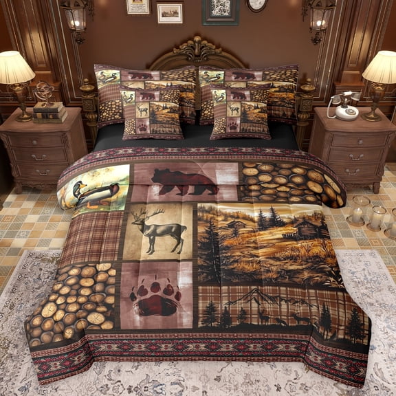 Feelyou Farmhouse Reindeer Moose Bedding Comforter Set 7pcs, Western Lodge Cabin Queen Bedding Sets, Brown Plaid Checkered Reversible Queen Sheet Sets, Breathable Home Decor