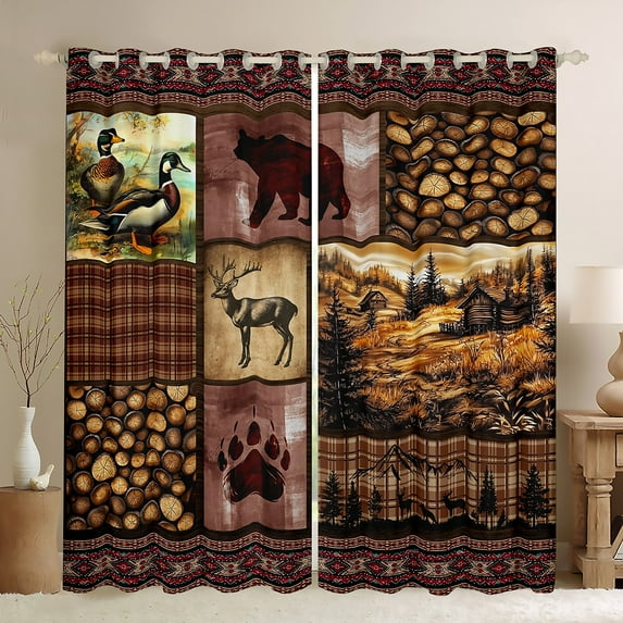 Feelyou Farmhouse Reindeer Moose Curtains Pack of 2 (42x84 Each), Western Lodge Cabin Curtains Blackout, Brown Plaid Checkered Bedroom Curtains, Curtains and Drapes Home Decor