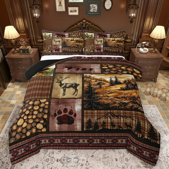 Feelyou Farmhouse Reindeer Moose Queen Comforter Set, Western Lodge Cabin Bedding Sets, Brown Plaid Checkered Reversible Bedding Comforter Set, Breathable Home Decor, 3 Pieces