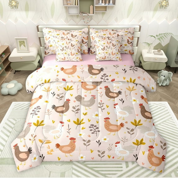 Feelyou Farmhouse Rooster Child Bedding Comforter Set 7pcs, Kawaii Farm Animal Queen Bedding Sets, Flower Leaf Botanical Reversible Queen Sheet Sets, Ultra Soft Bedroom Decor