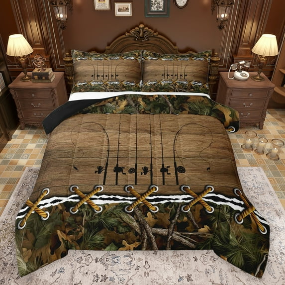 Feelyou Farmhouse Wooden Plank Bedding Comforter Set, Hunting and Fishing Twin Comforter Sets, Rustic Lodge Cabin Reversible Bedding Set, Breathable Home Decor, 2 Pieces