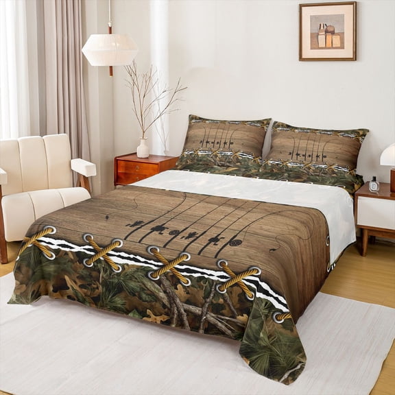 Feelyou Farmhouse Wooden Plank Twin Sheet Sets, Hunting and Fishing Twin Fitted Sheet, Rustic Lodge Cabin Flat Sheet, Breathable Home Decor, 3 Pieces