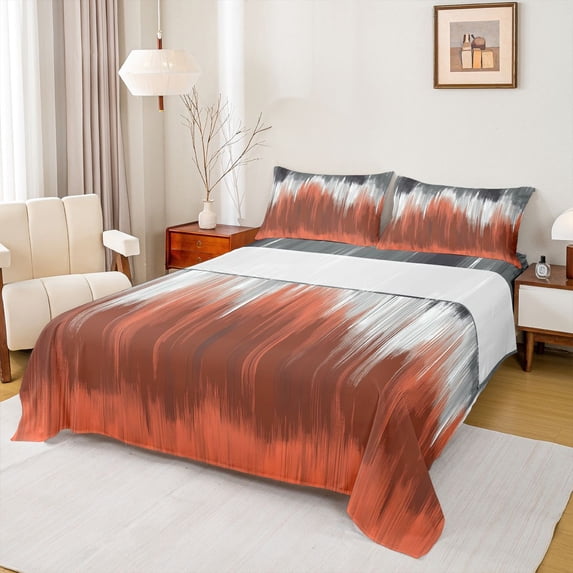 Feelyou Fashion Abstract Ombre Full Size Sheets, Vintage Oil Printing Bed Sheets, Chic Watercolor Orange Sheet Sets, Microfiber Bedroom Decor, 4 Pieces