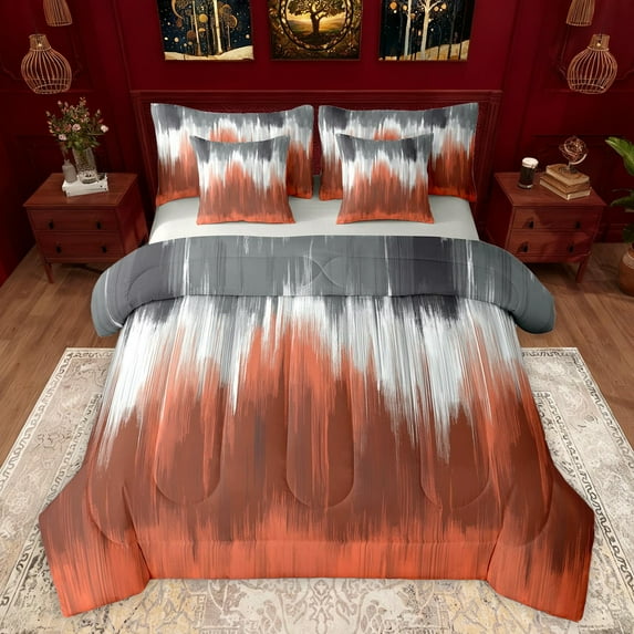 Feelyou Fashion Abstract Ombre Twin Bedding Sets 7-Piece, Vintage Oil Printing Bedding Comforter Set, Chic Watercolor Orange Reversible Sheet Sets, Microfiber Bedroom Decor
