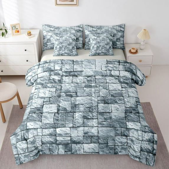Feelyou Fashion Abstract Ombre Twin Bedding Sets 7pcs, Blue Square Stone Comforter Set