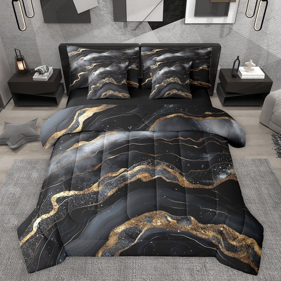 Feelyou Fashion Abstract Stripe Bedding Comforter Set 7pcs for Adult, Bling Marble Ombre King Bedding Sets, Watercolor Art Black Reversible Bed Sheets, Lightweight Room Decor