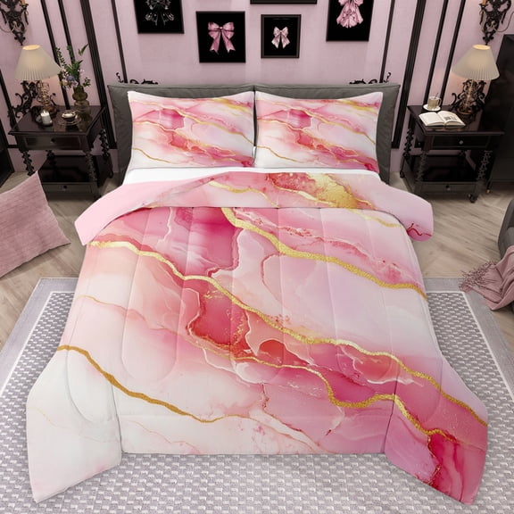 Feelyou Fashion Abstract Stripe Queen Comforter Set for Adult, Chic Marble Ombre Bedding Sets, Watercolor Art Pink Reversible Bedding Comforter Set, Super Cozy Room Decor, 3 Pieces