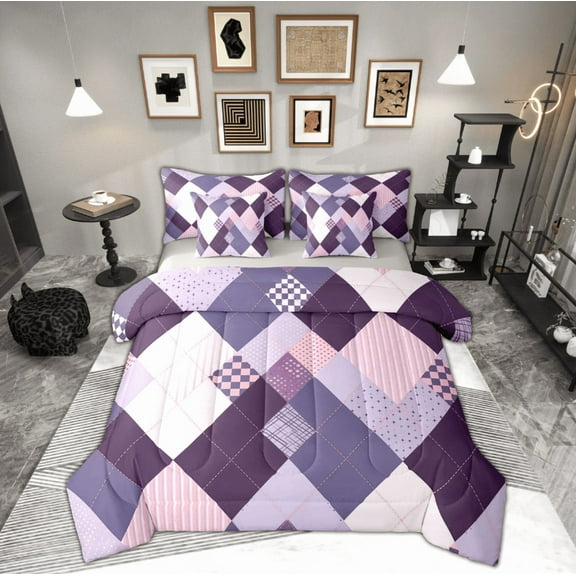 Feelyou Fashion Abstract Twin Bedding Sets 7-Piece, Checkered Gingham Bedding Comforter Set, Purple Square Geometric Reversible Sheet Sets, Ultra Soft Home Decor