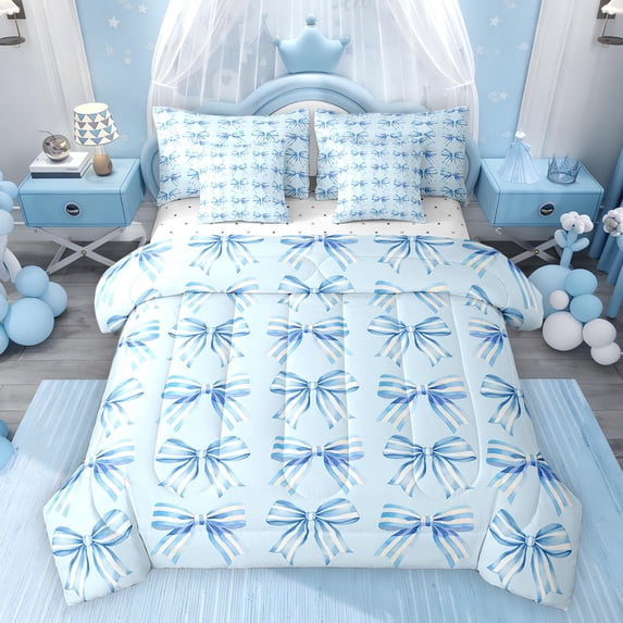 Feelyou Fashion Blue Bow Bedding Comforter Set 7pcs, Cartoon Ribbon Full Bedding Set