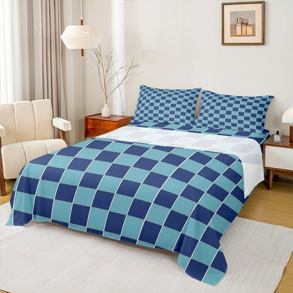 Feelyou Fashion Blue Buffalo Full Size Sheets, Chic Check Plaid Bed Sheets, Teens Kids Boys Girls Sheet Sets, Luxury Bedroom Decor, 4-Piece