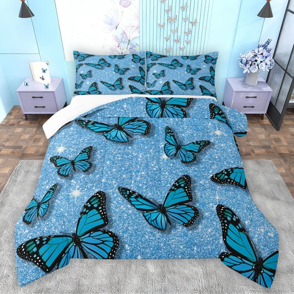 Feelyou Fashion Blue Butterfly Bedding Comforter Set, Glitter Sequin Print Twin Comforter Sets, Teens Kids Girls Women Bedding Set, Super Cozy Room Decor, 2-Piece