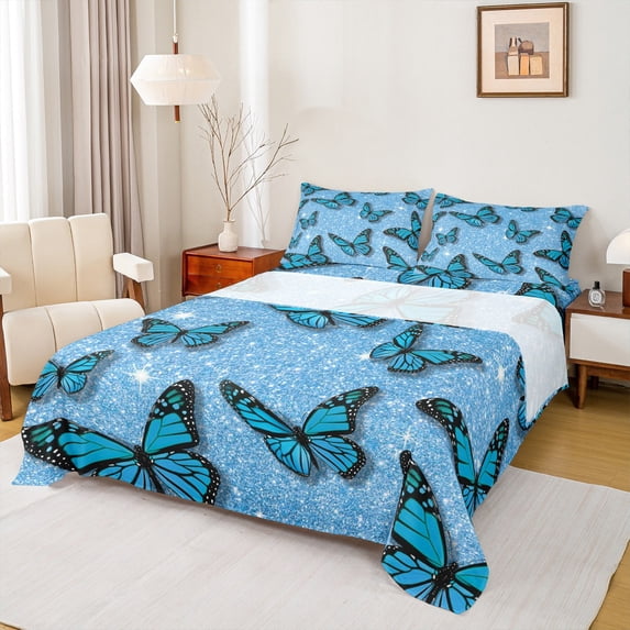Feelyou Fashion Blue Butterfly Twin Sheet Sets, Glitter Sequin Print Twin Fitted Sheet, Teens Kids Girls Women Flat Sheet, Super Cozy Room Decor, 3-Piece