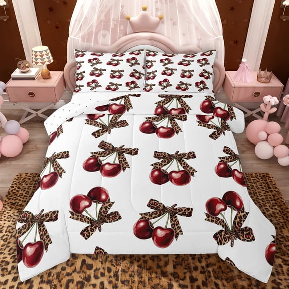 Feelyou Fashion Bow Cherry Queen Comforter Set, Leopard Print Ribbon Bedding Set, 3pcs