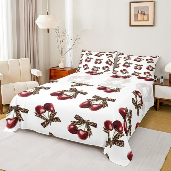 Feelyou Fashion Bow Cherry Queen Sheet Sets, Leopard Print Ribbon Bed Set, 4-Piece