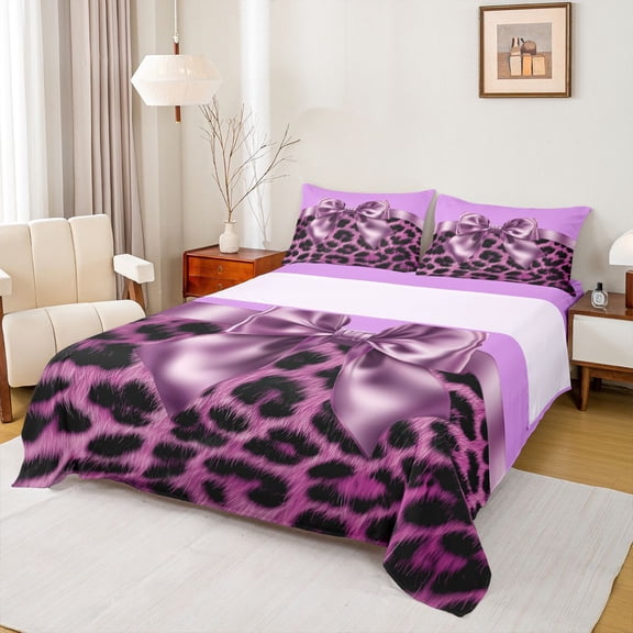 Feelyou Fashion Bow Ribbon Twin Sheet Sets, Polkadots Cheetah Print Bedding, 3pcs