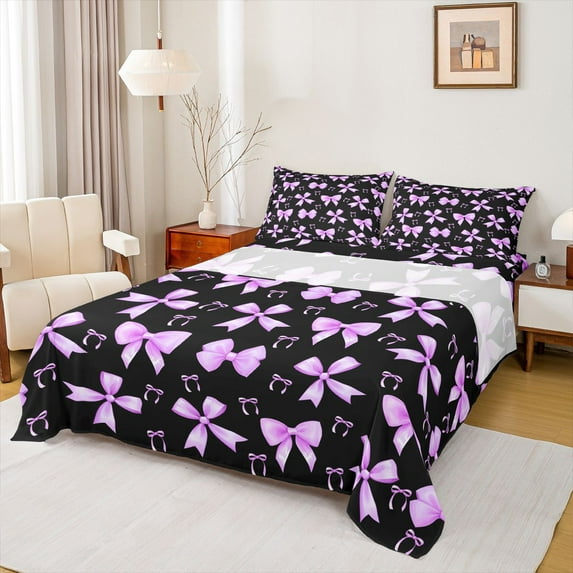 Feelyou Fashion Bow-tie Kids Full Size Sheets, Black Purple Cartoon Bed Sheets, 4-Piece