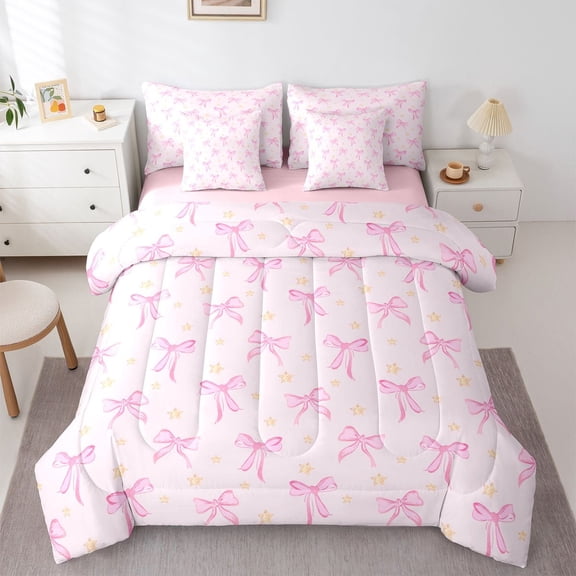 Feelyou Fashion Bow-tie Teens Bedding Comforter Set 7pcs, Princess Pink King Bedding Sets