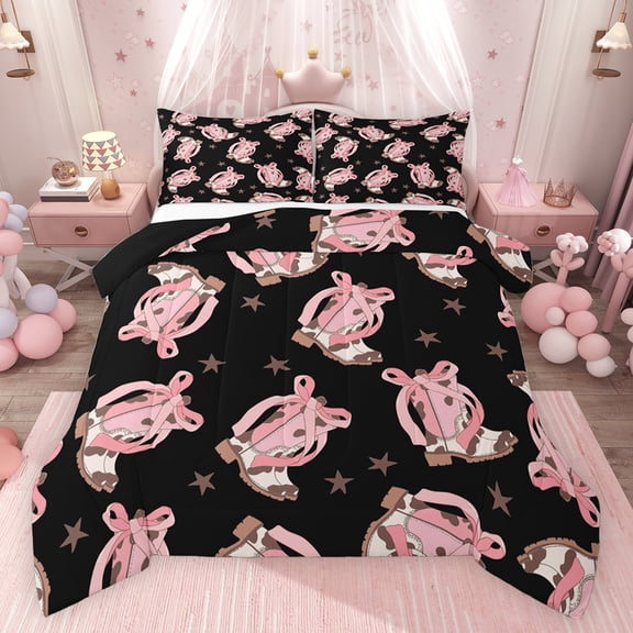 Feelyou Fashion Bowknot Boot Bedding Comforter Set for Girl, Cute Western Cowgirl Princess Twin Comforter Sets, Hippie Texas Stars Reversible Bedding Set, Lightweight Room Decor, 2pcs