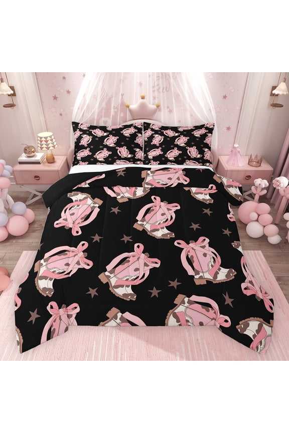 Fashion Bowknot Boot Bedding Comforter Set for Girl, Cute Western Cowgirl Princess Twin Comforter Sets, Hippie Texas Stars Reversible Bedding Set, Lightweight Room Decor, 2pcs