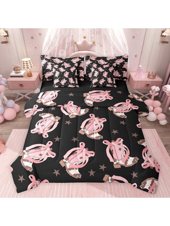 Fashion Bowknot Boot Twin Bedding Sets 7-Piece for Girl, Cute Western Cowgirl Princess Bedding Comforter Set, Hippie Texas Stars Reversible Sheet Sets, Lightweight Room Decor
