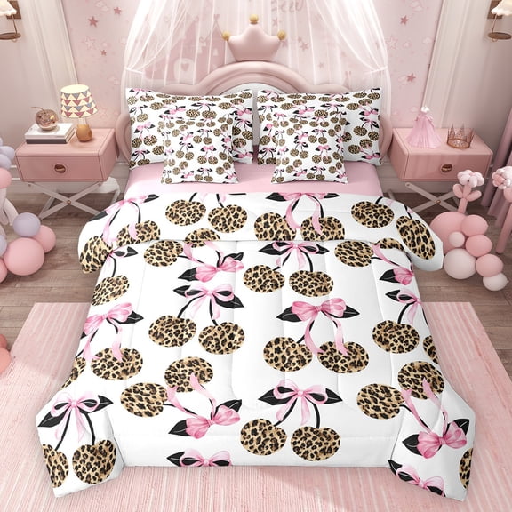 Feelyou Fashion Bowknot Cherry Comforter Set 7pcs, Leopard Cheetah Print Full Bedding Set