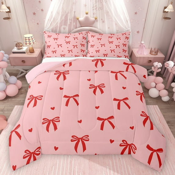 Feelyou Fashion Bowknot Kids Bedding Comforter Set, Kawaii Cartoon Bow-tie Twin Comforter Sets, Cute Love Heart Reversible Bedding Set, Microfiber Bedroom Decor, 2 Pieces