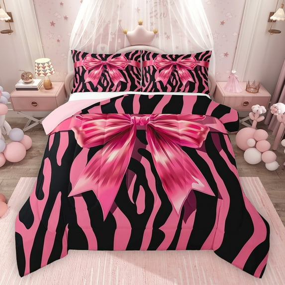 Feelyou Fashion Bowknot Kids Bedding Comforter Set, Kawaii Princess Ribbon Twin Comforter Sets, Zebra Print Black Pink Reversible Bedding Set, Breathable Home Decor, 2pcs