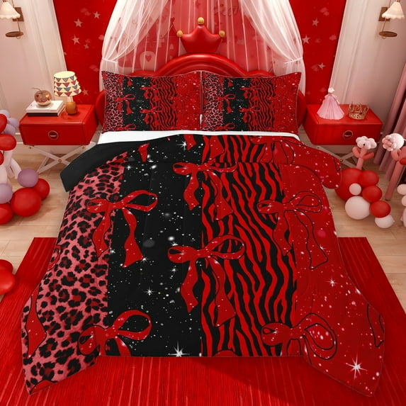 Feelyou Fashion Bowknot Kids Bedding Comforter Set, Red Zebra Leopard Print Twin Comforter Sets, Dreamy Stars Galaxy Reversible Bedding Set, Microfiber Bedroom Decor, 2pcs