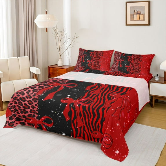 Feelyou Fashion Bowknot Kids Queen Sheet Sets, Red Zebra Leopard Print Flat Sheet, Dreamy Stars Galaxy Queen Fitted Sheet, Microfiber Bedroom Decor, 4pcs