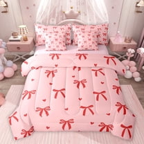 Feelyou Fashion Bowknot Kids Twin Bedding Sets 7-Piece, Kawaii Cartoon Bow-tie Bedding Comforter Set, Cute Love Heart Reversible Sheet Sets, Microfiber Bedroom Decor