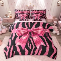 Feelyou Fashion Bowknot Kids Twin Bedding Sets 7-Piece, Kawaii Princess Ribbon Bedding Comforter Set, Zebra Print Black Pink Reversible Sheet Sets, Breathable Home Decor