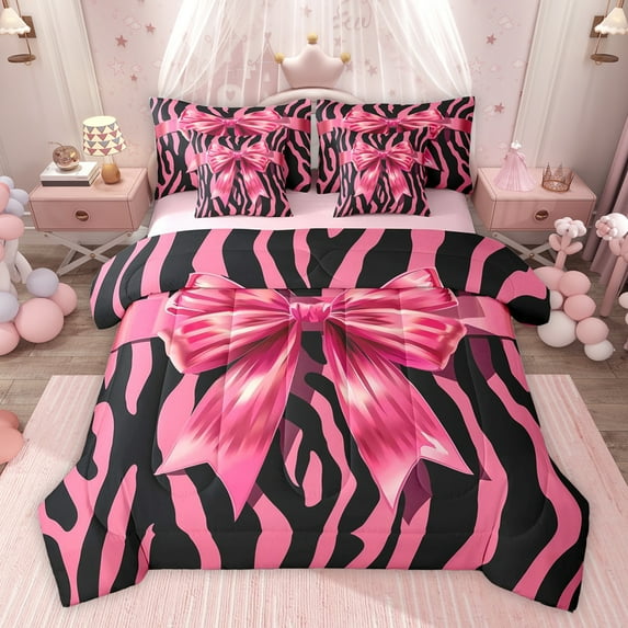 Feelyou Fashion Bowknot Kids Twin Bedding Sets 7-Piece, Kawaii Princess Ribbon Bedding Comforter Set, Zebra Print Black Pink Reversible Sheet Sets, Breathable Home Decor