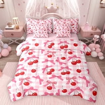 Feelyou Fashion Bowknot Twin Bedding Sets 7pcs, Pink Plaid Abstract Bedding Comforter Set