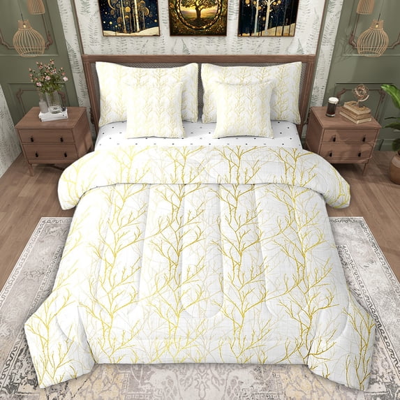 Feelyou Fashion Branches Lines Bedding Comforter Set 7pcs, Yellow Jungle Plant Botanical Queen Bedding Sets, Teens Kids Boys Girls Reversible Queen Sheet Sets, Breathable Home Decor