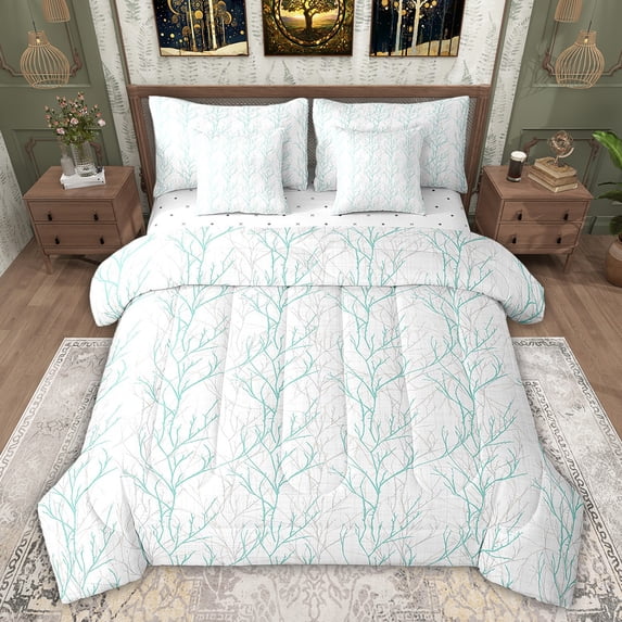 Feelyou Fashion Branches Plant Bedding Comforter Set 7pcs for Teen, Cyan Leaf Botabical Queen Bedding Sets, Modern Buffalo Stripes Reversible Queen Sheet Sets, Microfiber Bedroom Decor