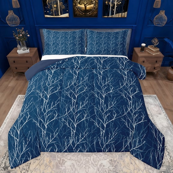 Feelyou Fashion Branches Plant Bedding Comforter Set for Teen, Navy Leaf Botabical Twin Comforter Sets, Stripes Abstract Reversible Bedding Set, Super Cozy Room Decor, 2-Piece