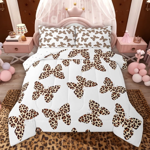 Feelyou Fashion Butterfly Queen Comforter Set, Leopard Print Bedding Comforter Set, 3pcs