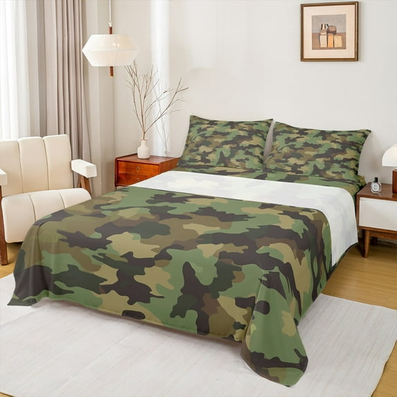 Feelyou Fashion Camo Bed Sheets for Teens, Chic Camouflage King Sheets, Olive Square Abstract Sheet Set, Luxury Bedroom Decor, 4-Piece